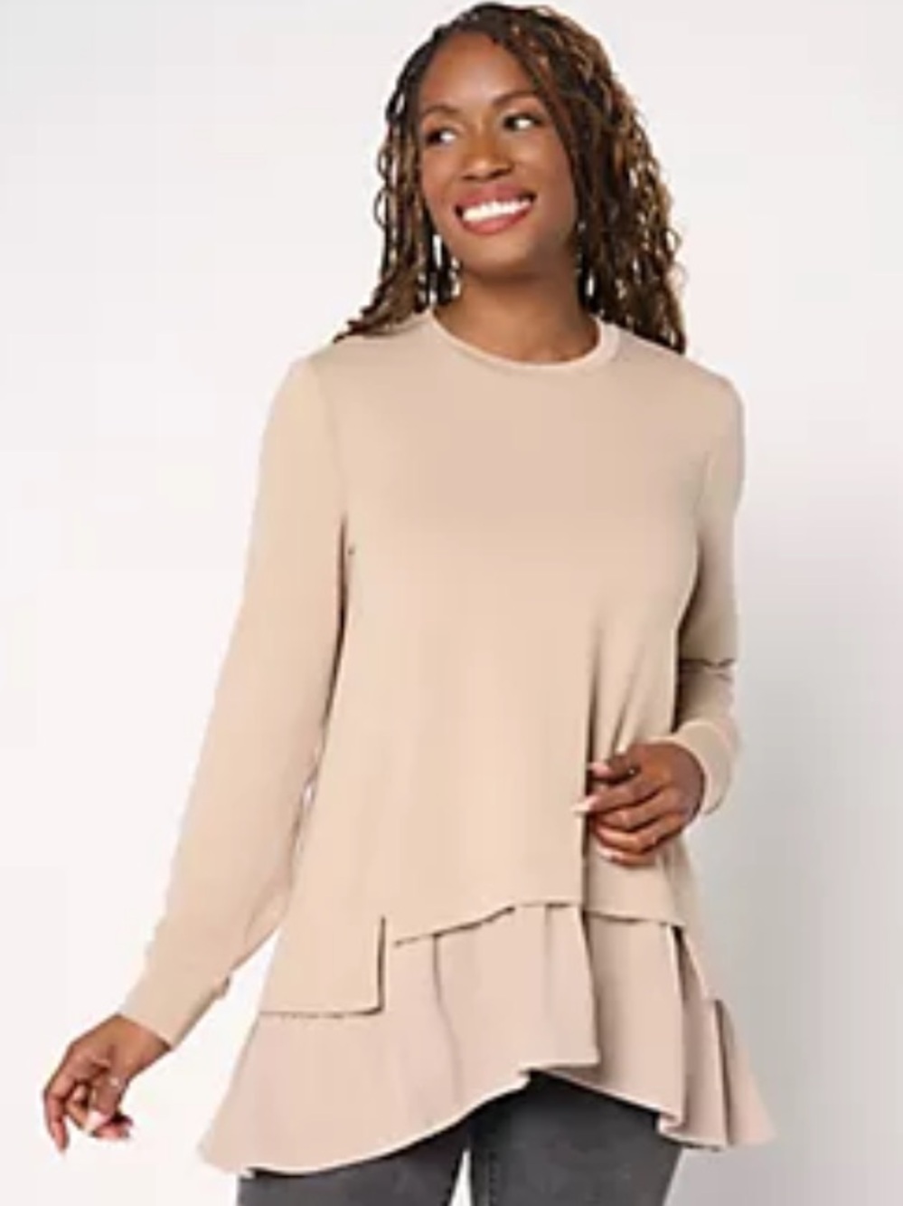 Logo lounge Layered Ruffle Hem Long-Sleeve Top in Beige
